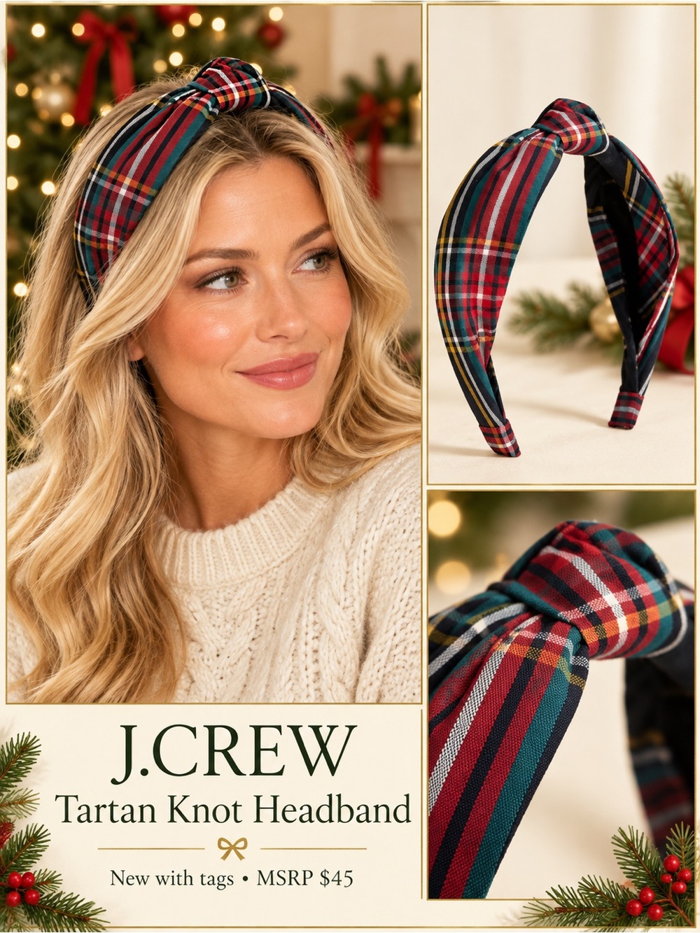 NWT J. Crew Red Plaid Tartan Knot Headband with Green and Black Accents